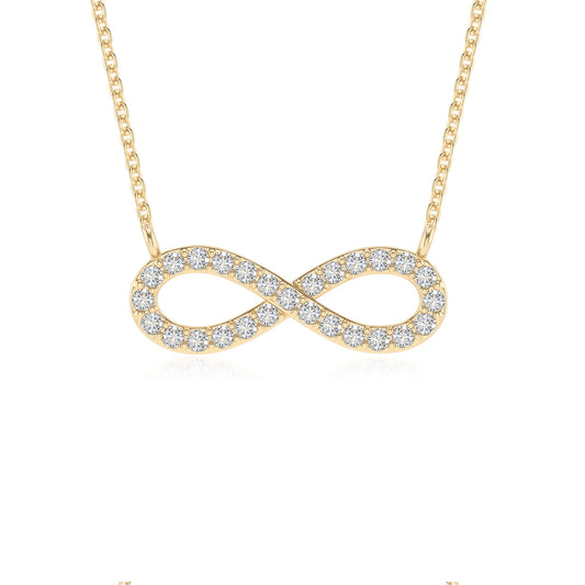 lab grown moissanite round infinity v-bale necklaces in yellow gold
