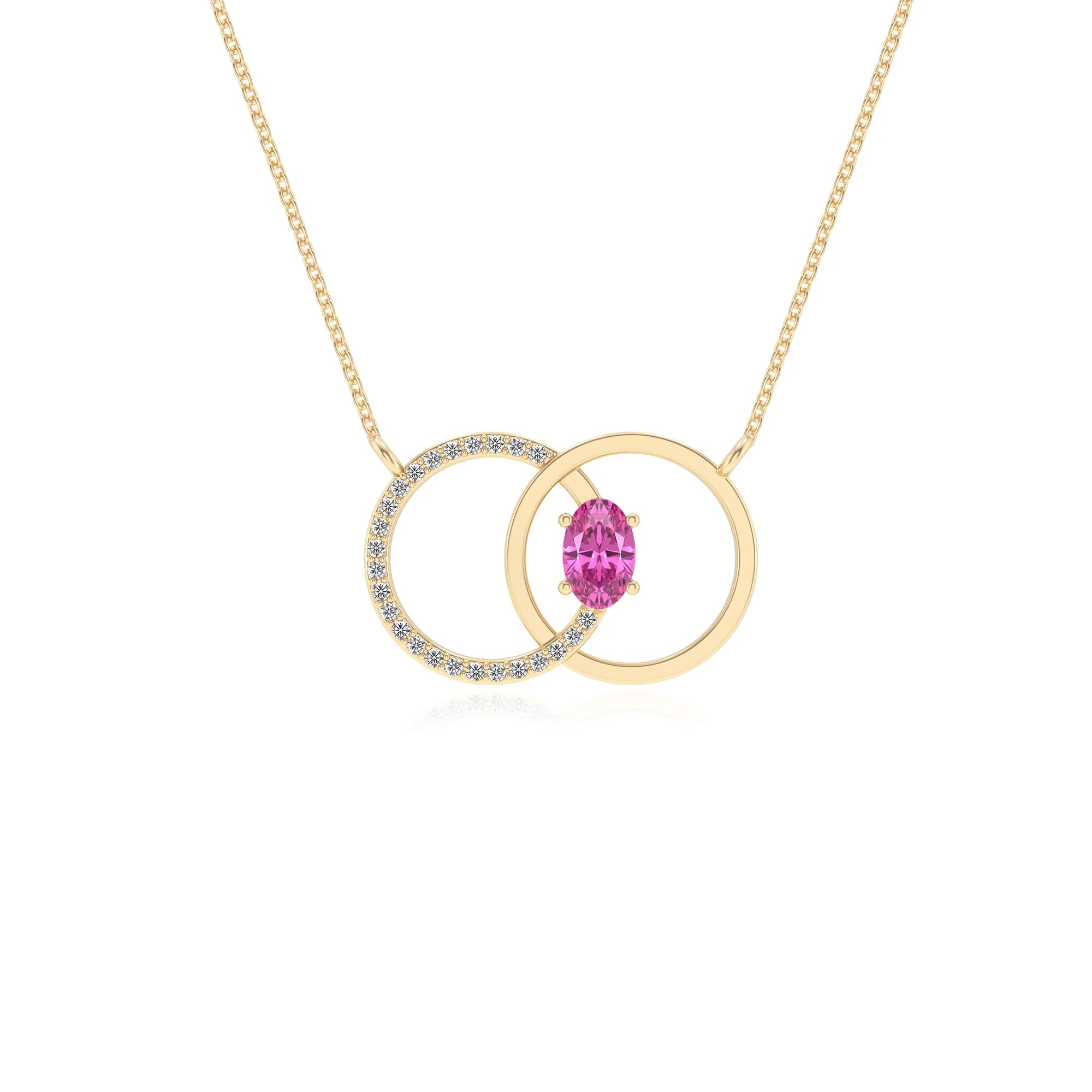 lab grown pink sapphire oval solitaire necklaces in yellow gold