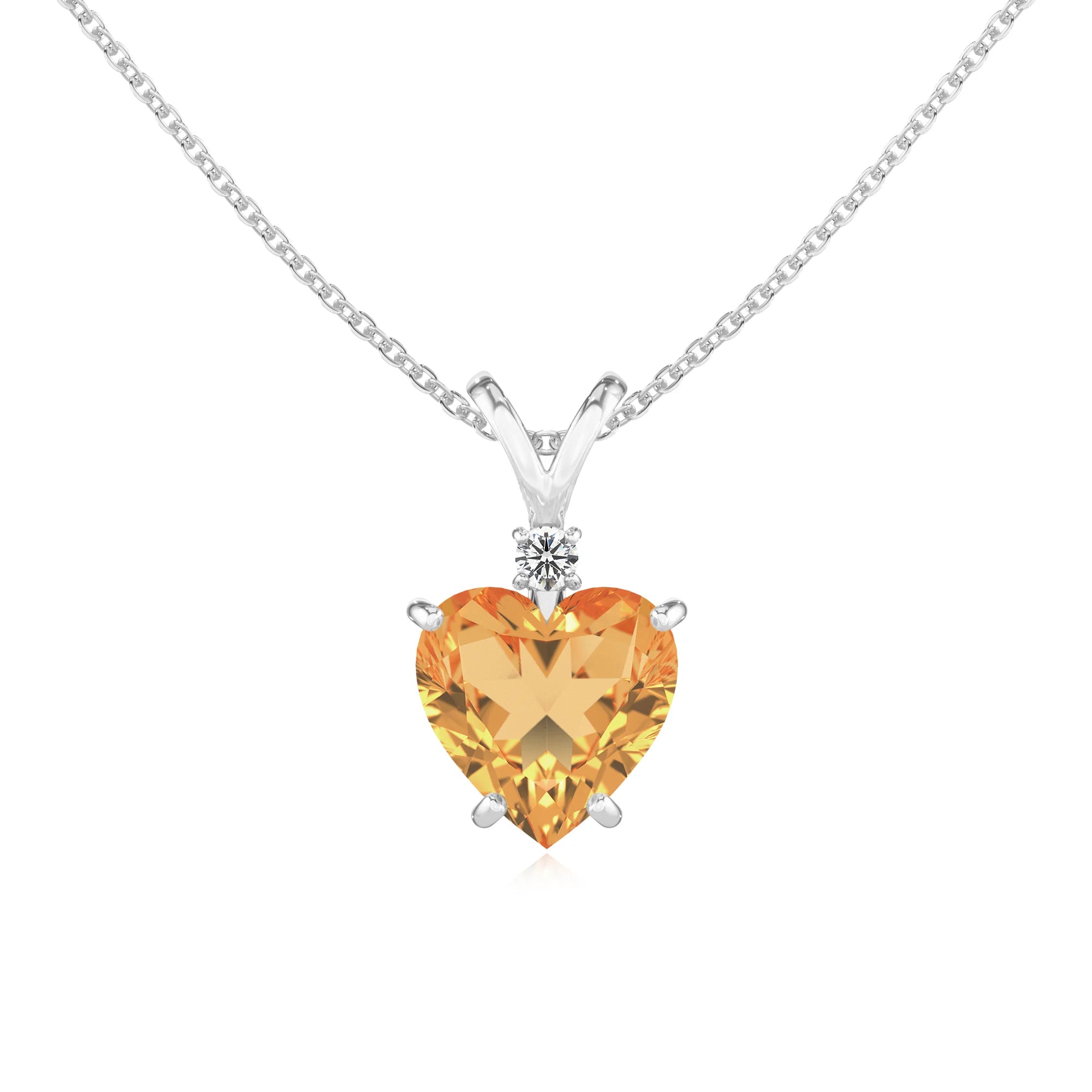 lab grown citrine heart solitaire v-bale necklaces in platinum