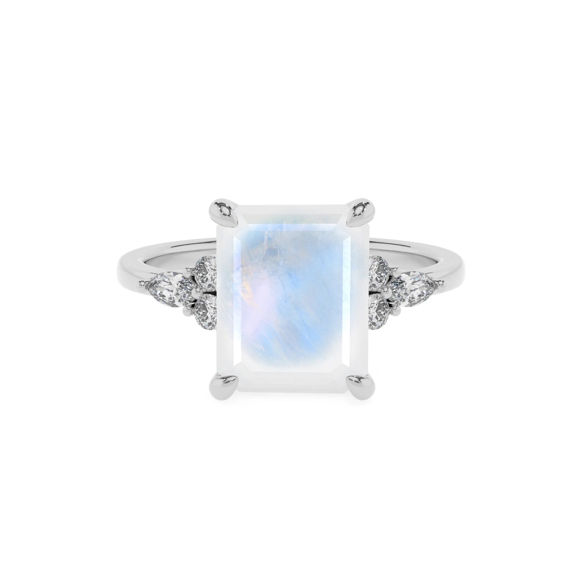 natural rainbow-moonstone emerald cut solitaire rings in white gold