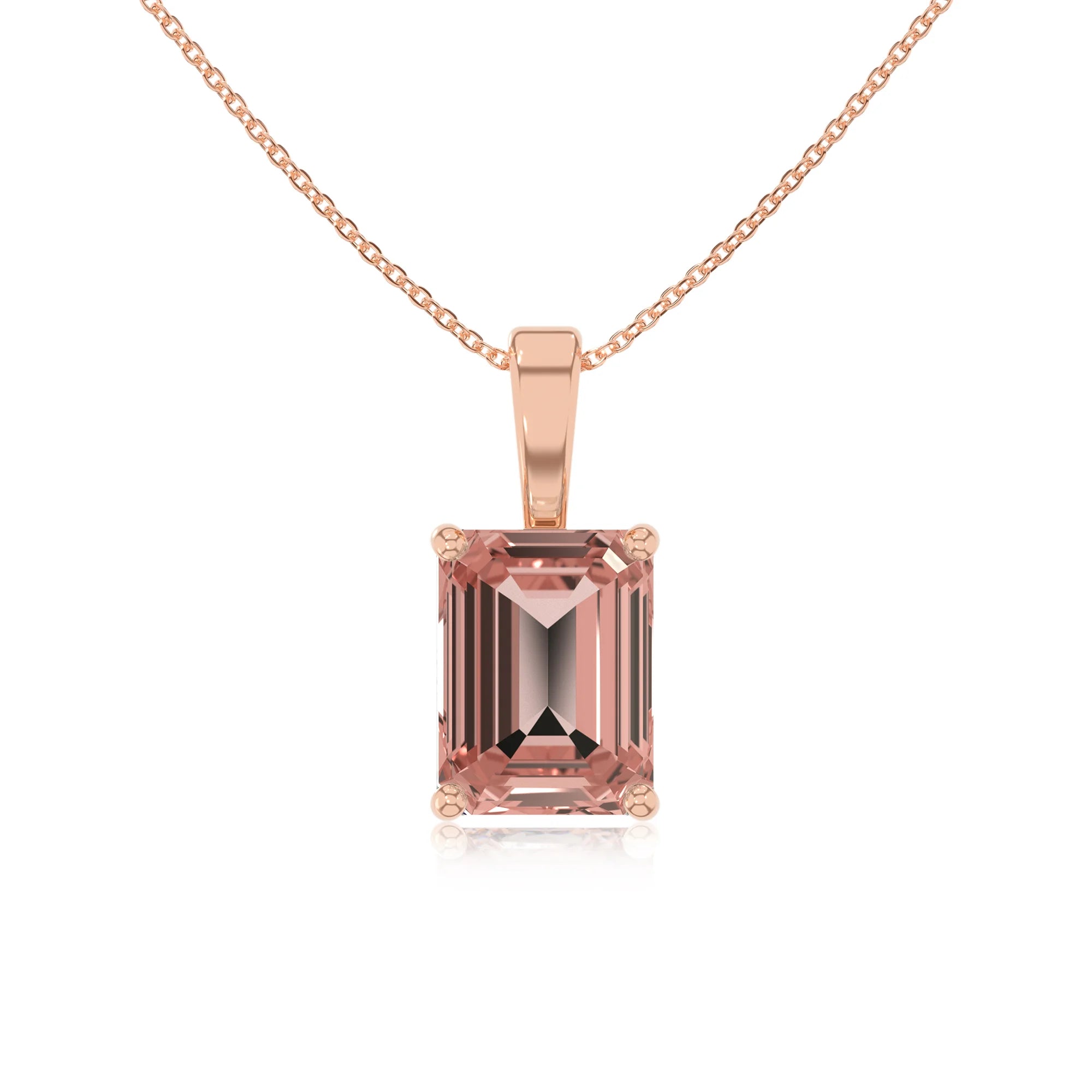lab grown morganite emerald cut solitaire necklaces in rose gold