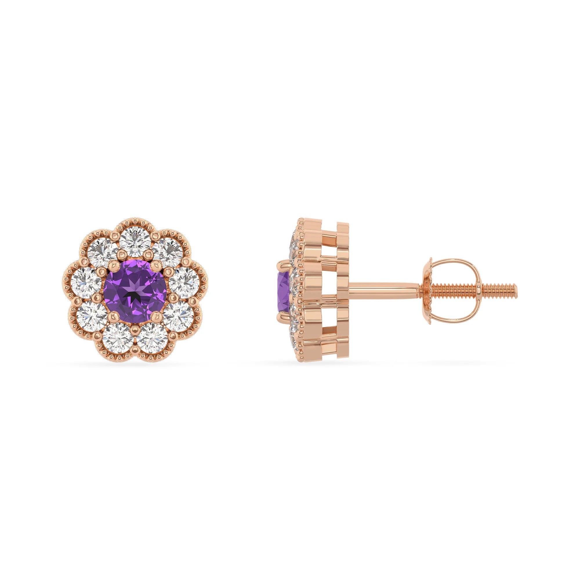 lab grown amethyst round stud earrings in rose gold