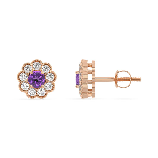 lab grown amethyst round stud earrings in rose gold