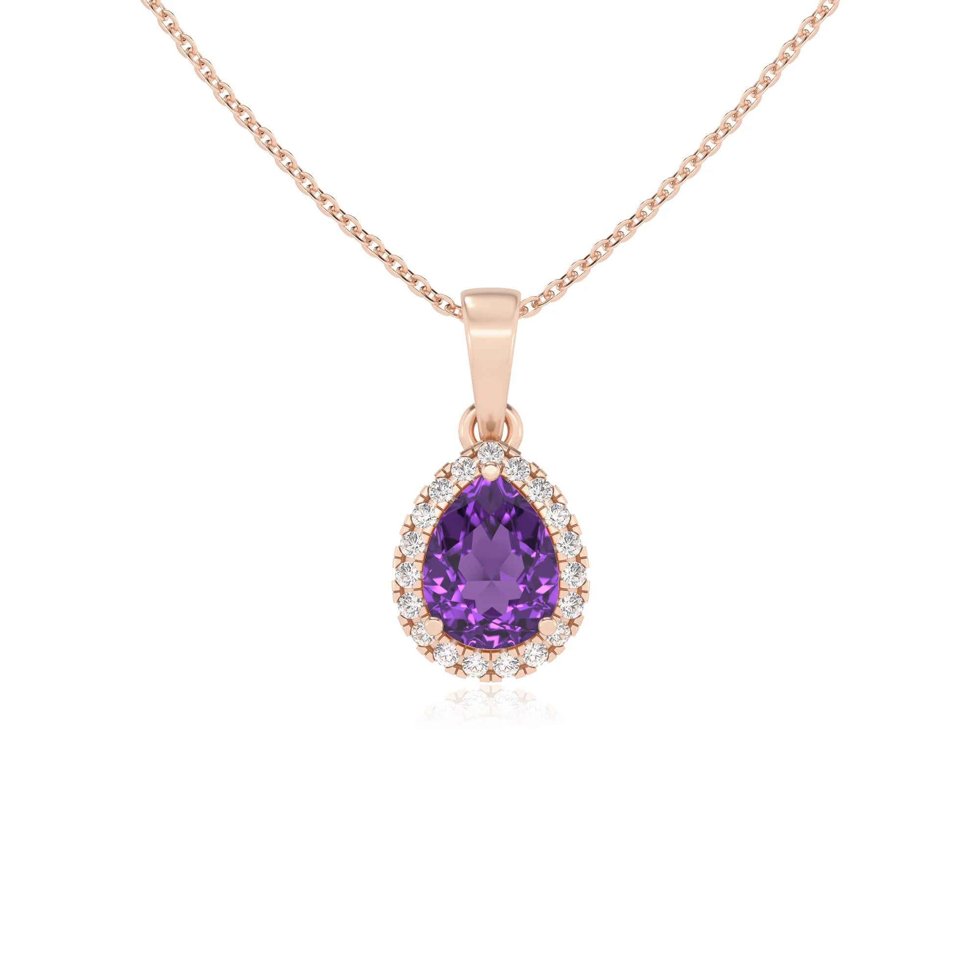 lab grown amethyst pear solitaire necklaces in rose gold