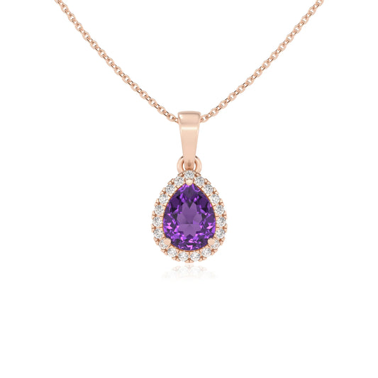 lab grown amethyst pear solitaire necklaces in rose gold