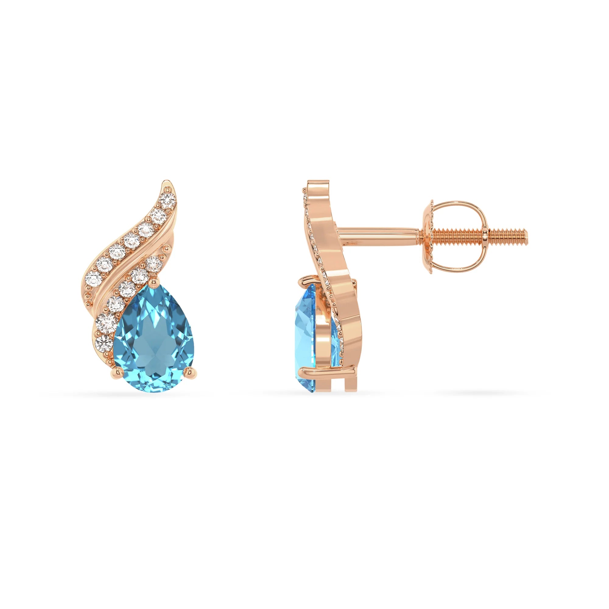 natural swiss blue topaz pear stud earrings in rose gold