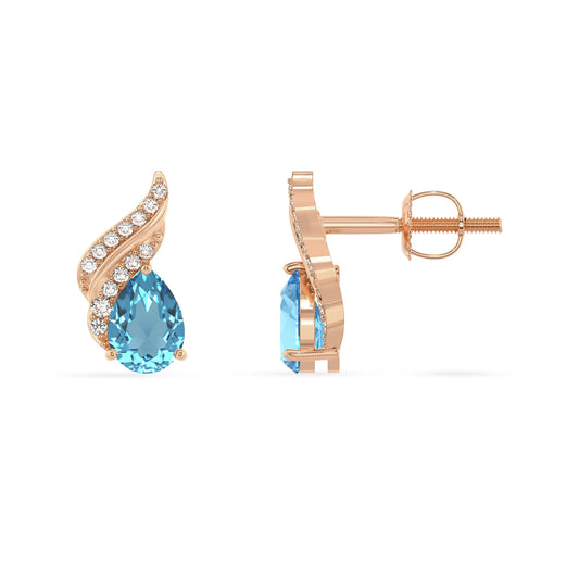 natural swiss blue topaz pear stud earrings in rose gold