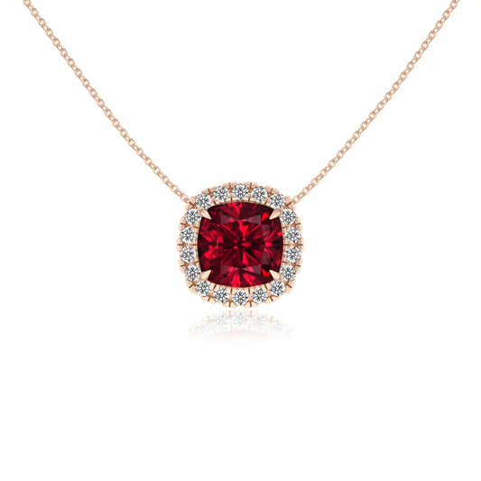 lab grown ruby cushion solitaire necklaces in rose gold