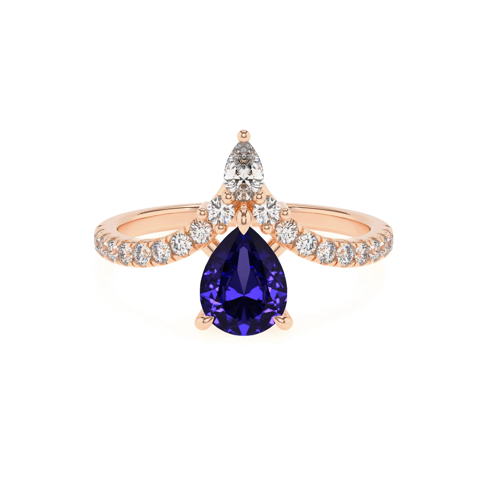 lab grown tanzanite pear solitaire rings in rose gold