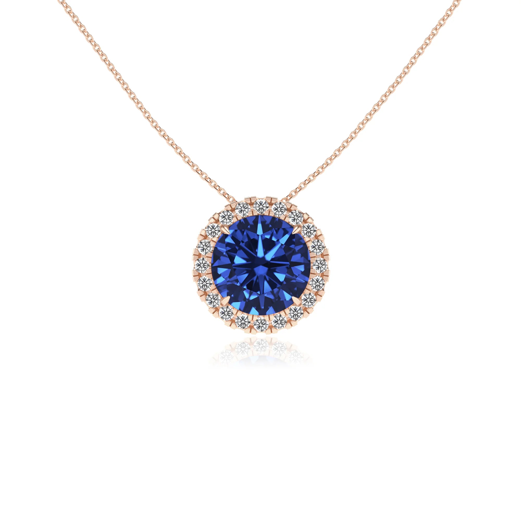 lab grown blue sapphire round solitaire necklaces in rose gold