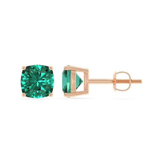 lab grown emerald cushion stud earrings in rose gold
