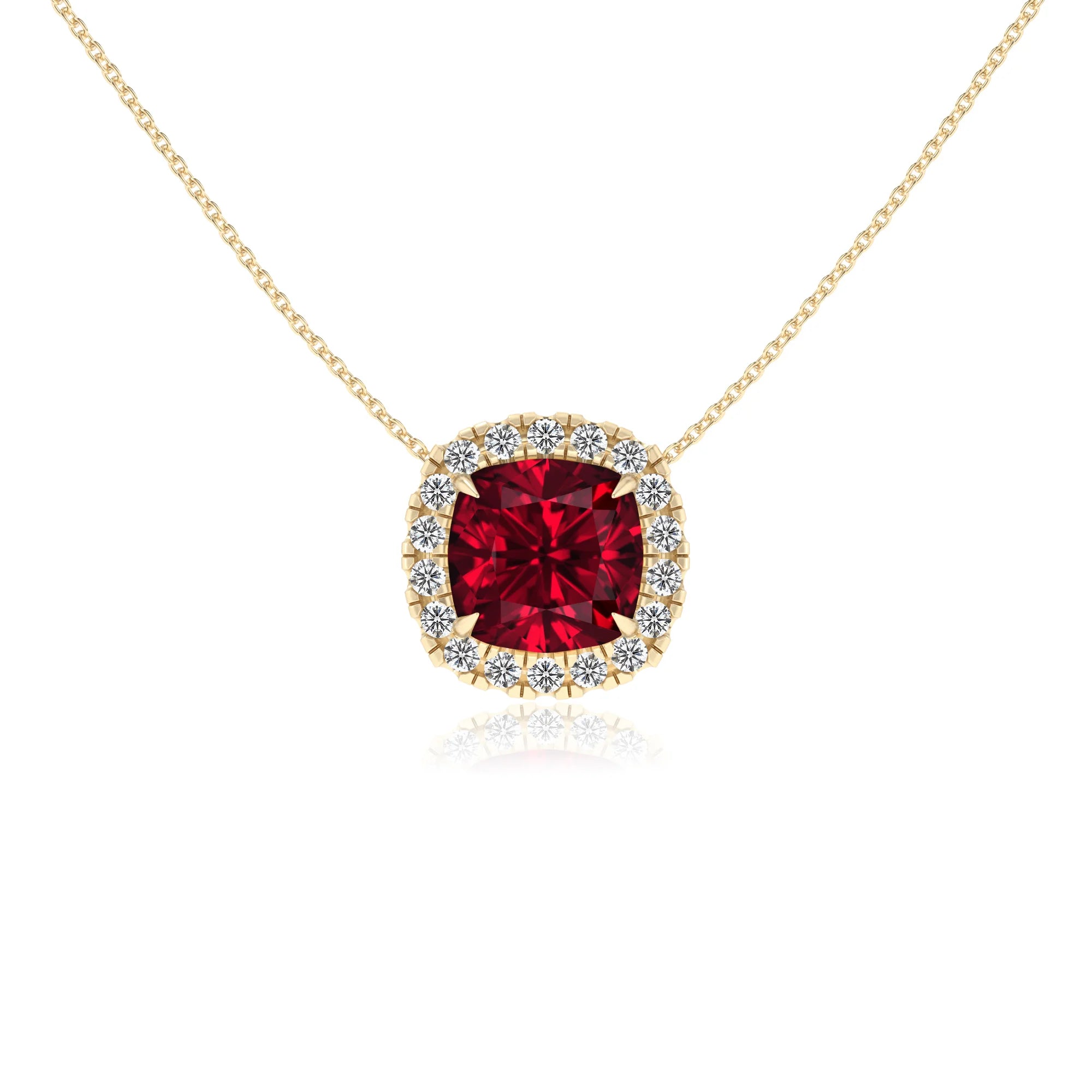 lab grown ruby cushion solitaire necklaces in yellow gold