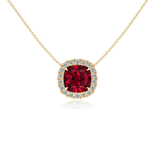 lab grown ruby cushion solitaire necklaces in yellow gold