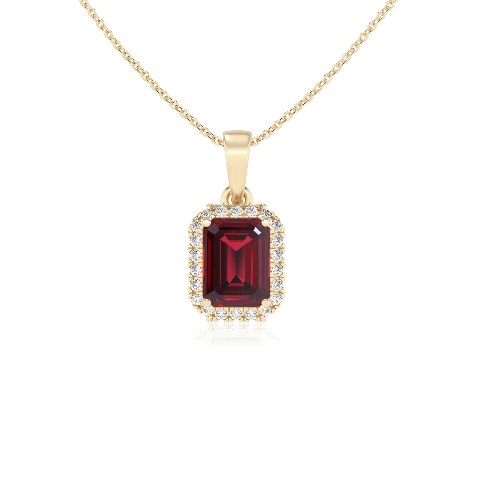 lab grown ruby emerald cut solitaire necklaces in yellow gold