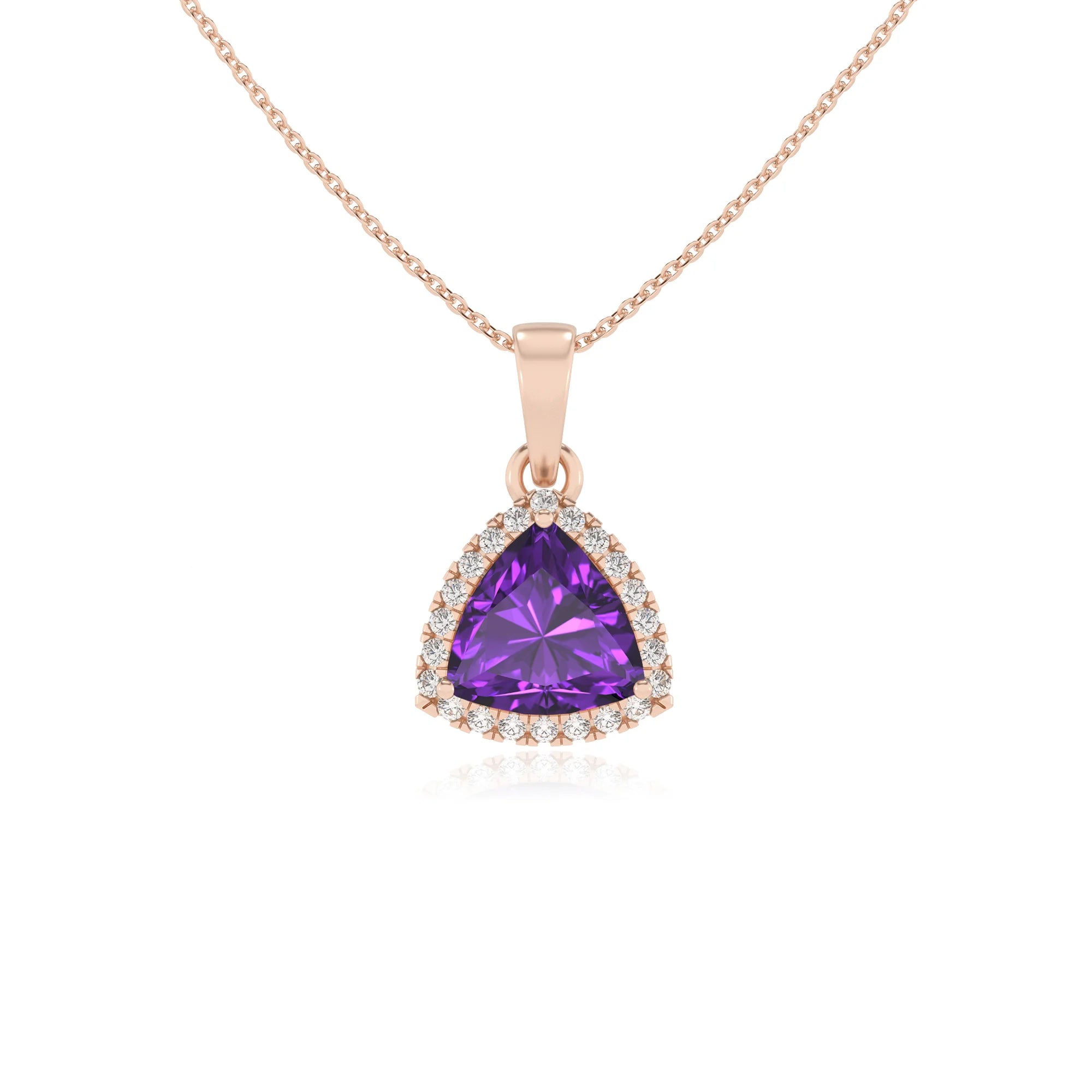 lab grown amethyst trillion solitaire necklaces in rose gold