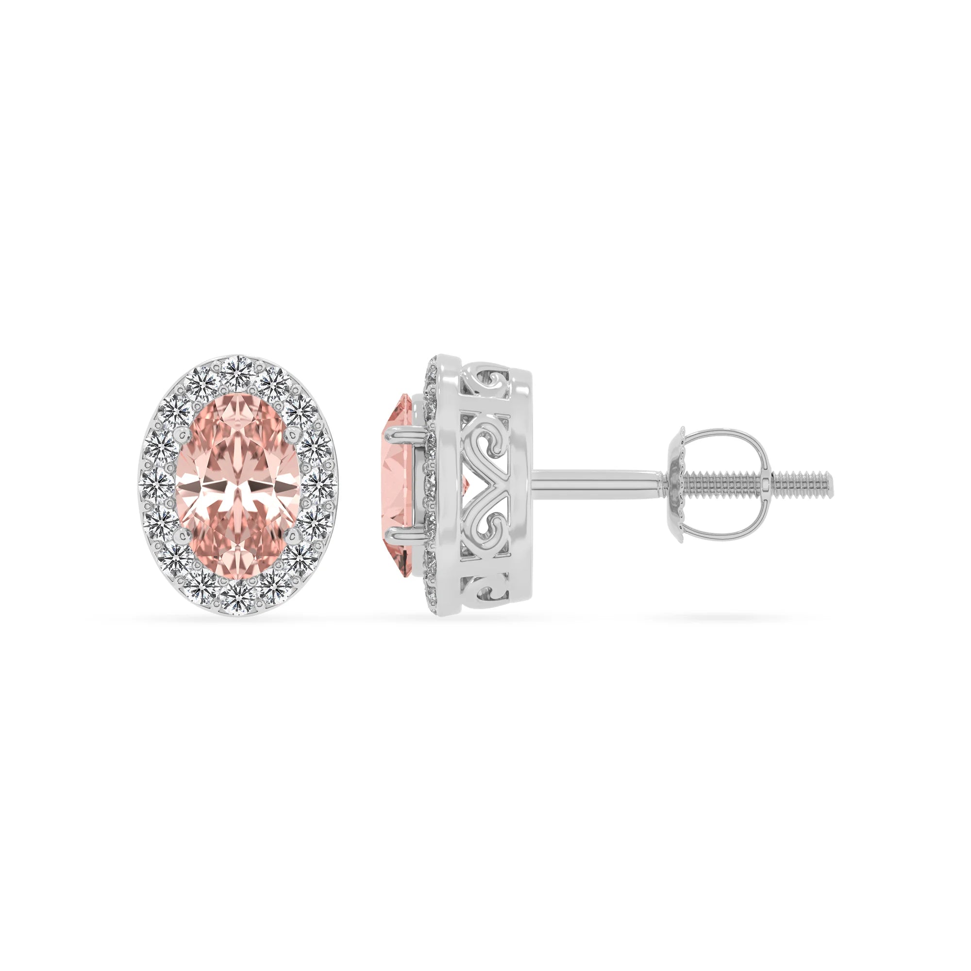 lab grown morganite oval stud earrings in white gold