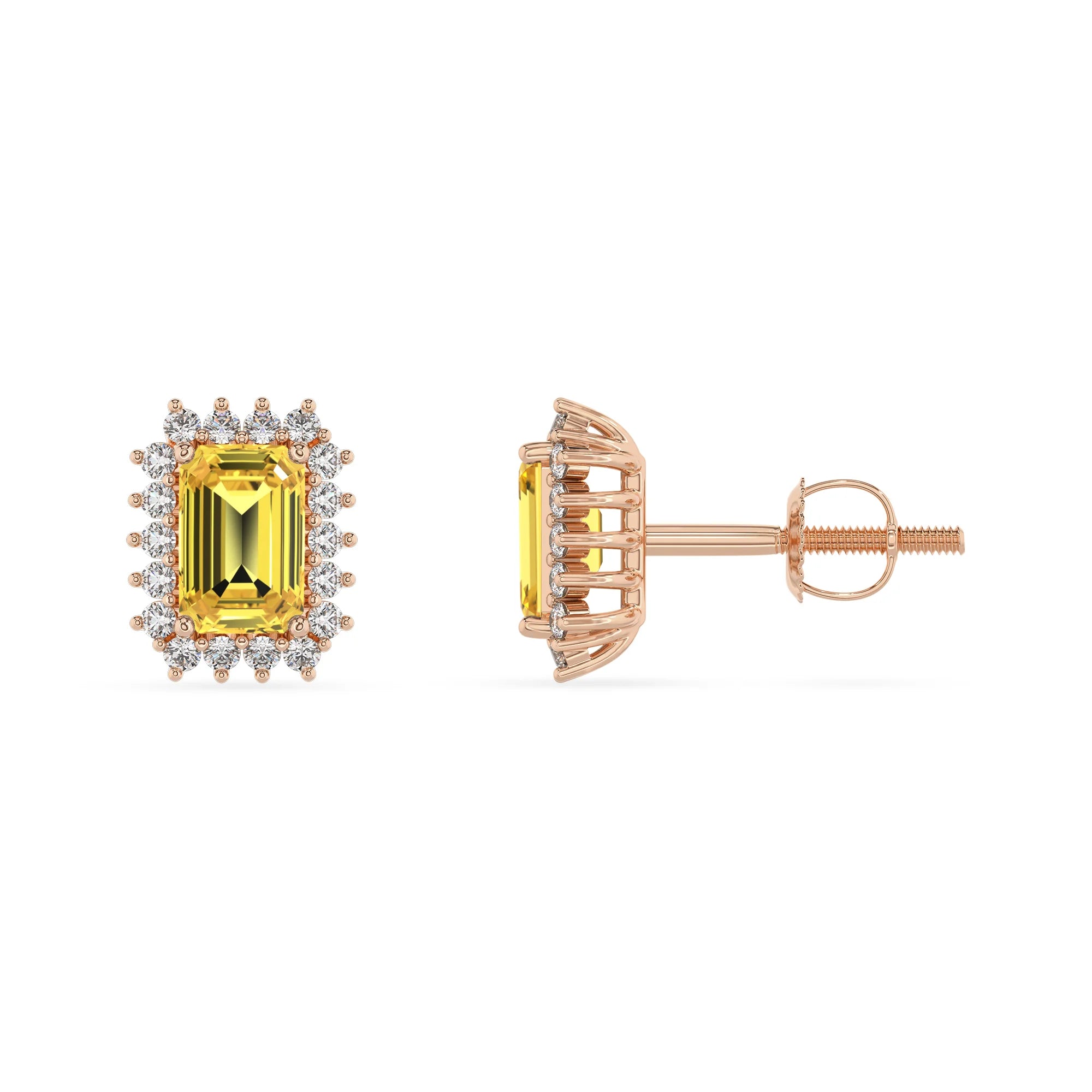 lab grown yellow sapphire emerald cut stud earrings in rose gold