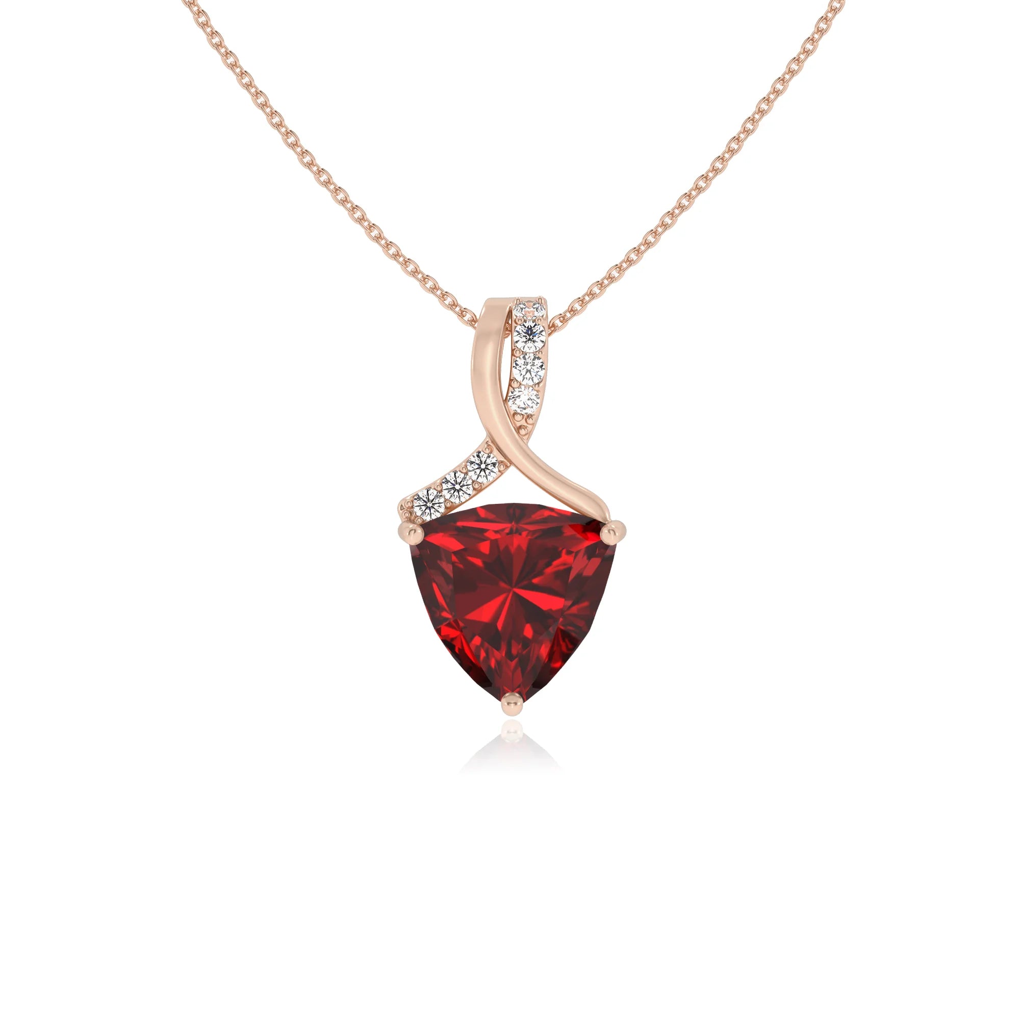 lab grown ruby trillion solitaire necklaces in rose gold