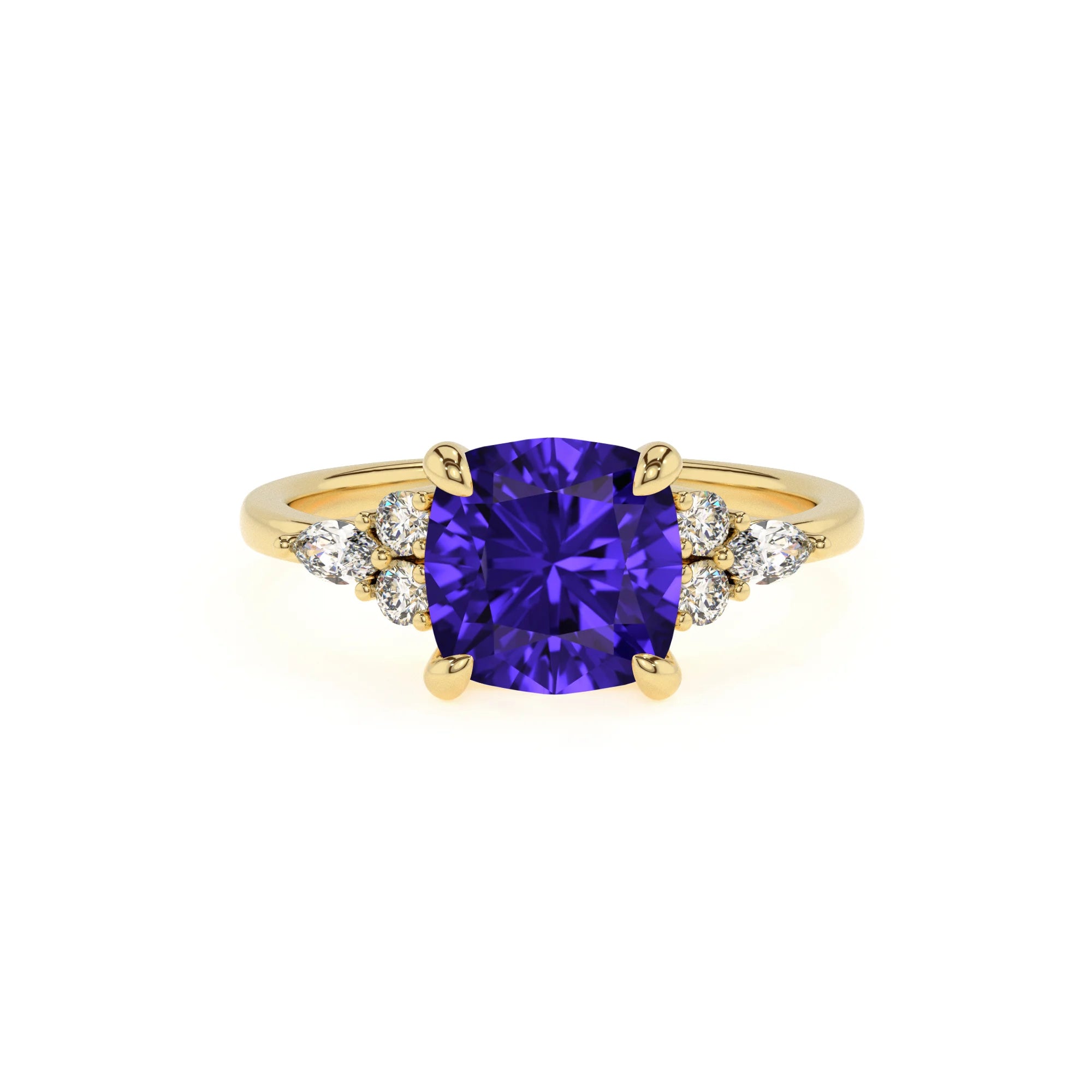 lab grown tanzanite cushion solitaire rings in yellow gold
