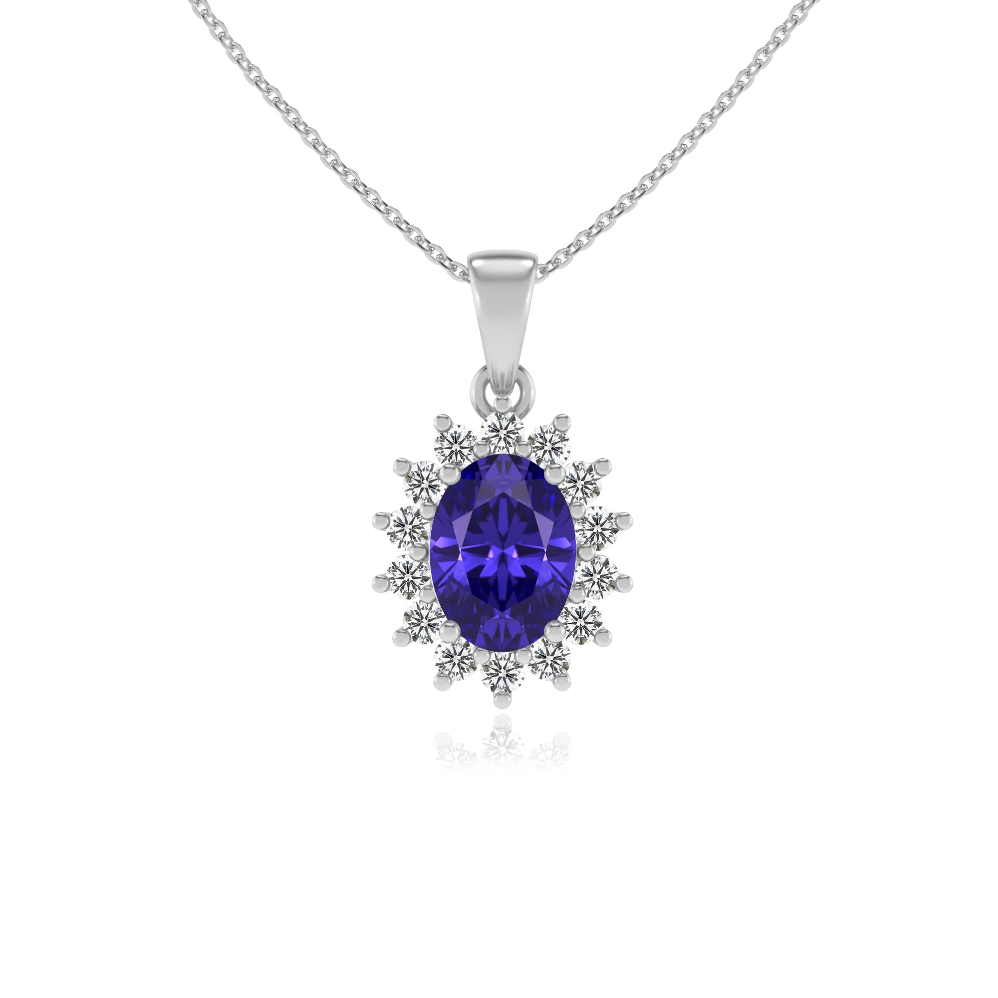 lab grown tanzanite oval halo necklaces in white gold