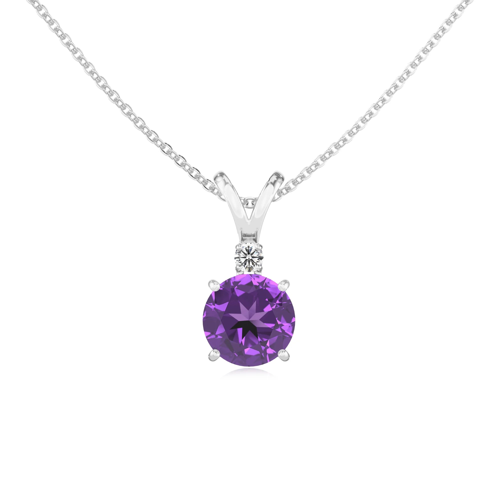 lab grown amethyst round solitaire v-bale necklaces in white gold