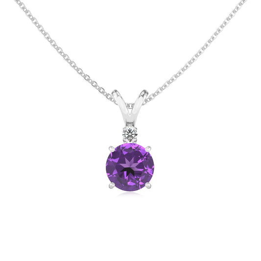 lab grown amethyst round solitaire v-bale necklaces in white gold