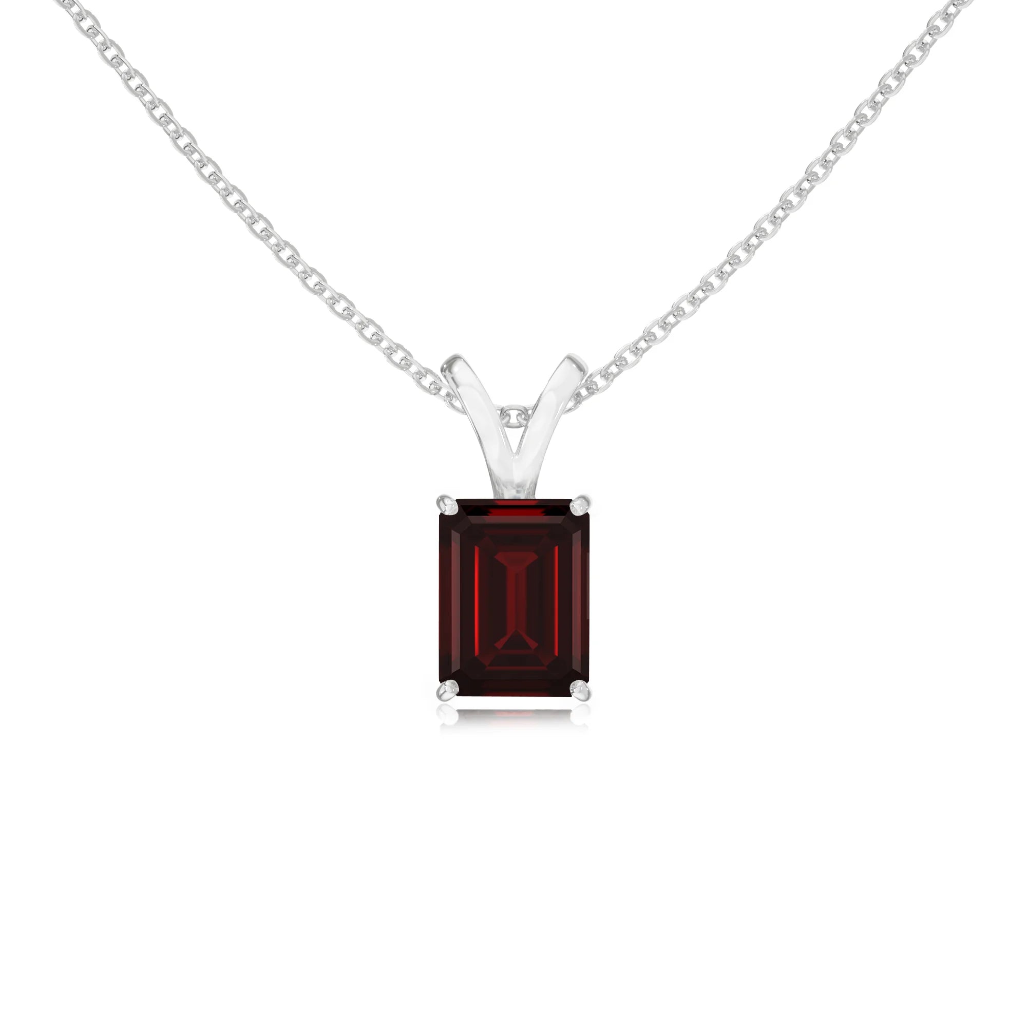 natural garnet emerald cut solitaire v-bale necklaces in platinum