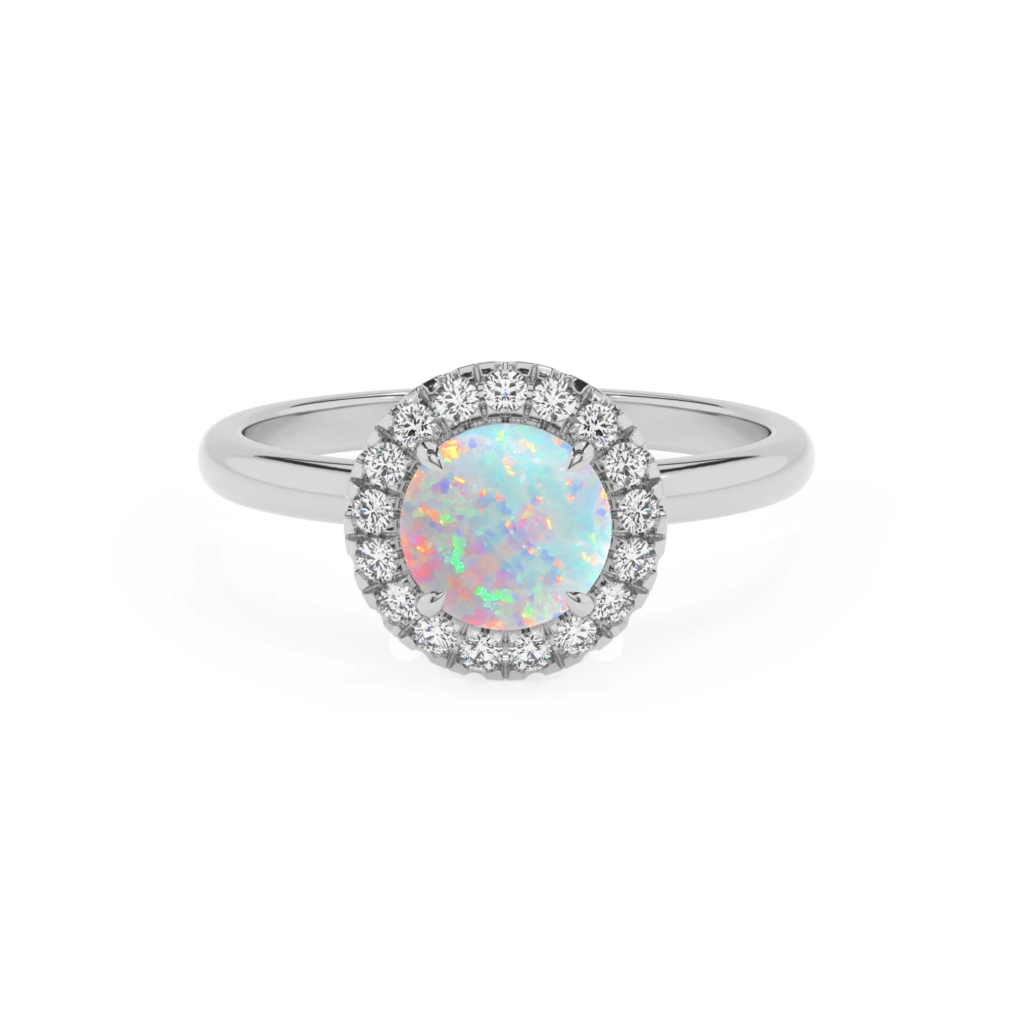lab grown opal round solitaire rings in white gold