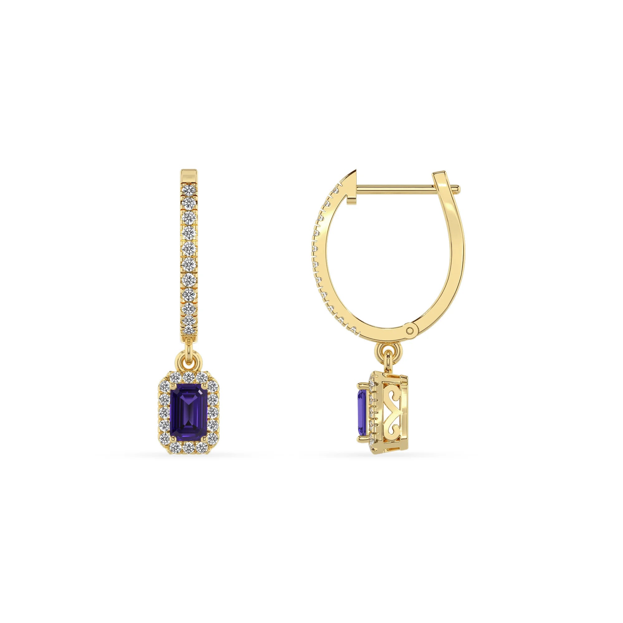 lab grown tanzanite emerald cut drop earrings in yellow gold