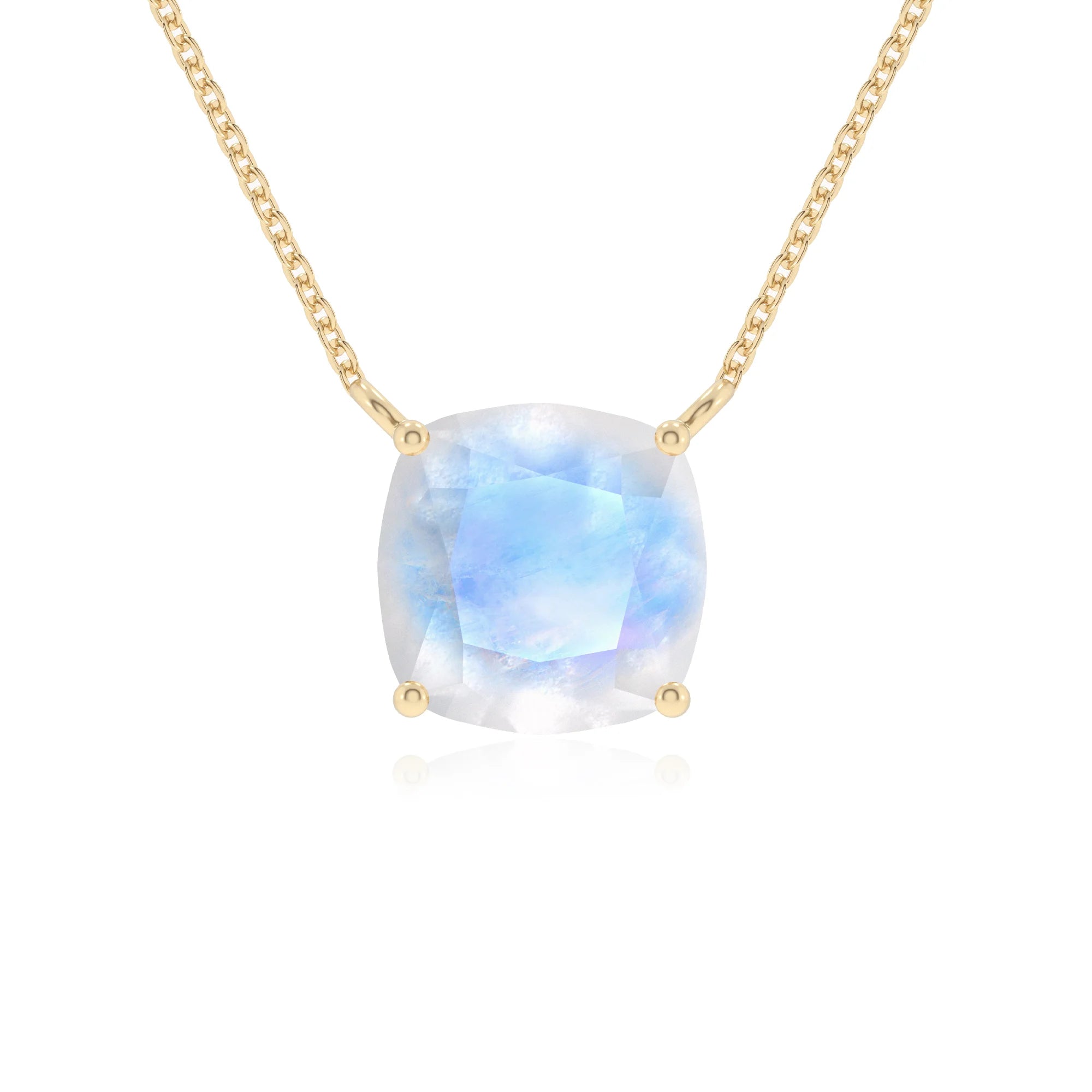 natural rainbow-moonstone cushion solitaire necklaces in yellow gold