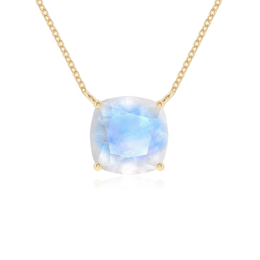 natural rainbow-moonstone cushion solitaire necklaces in yellow gold