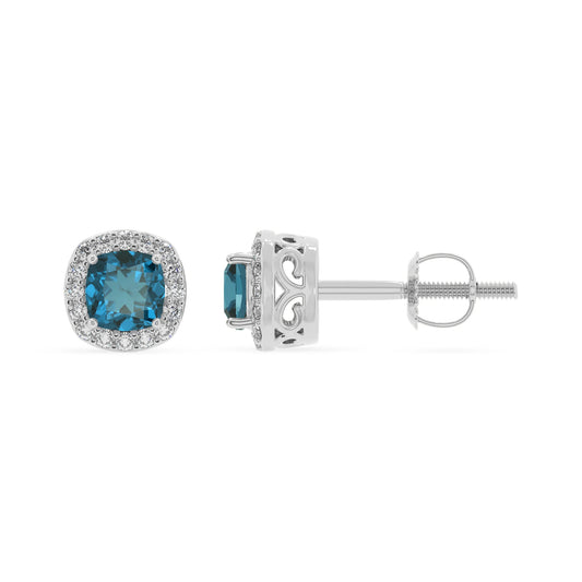 natural london blue topaz cushion stud earrings in platinum