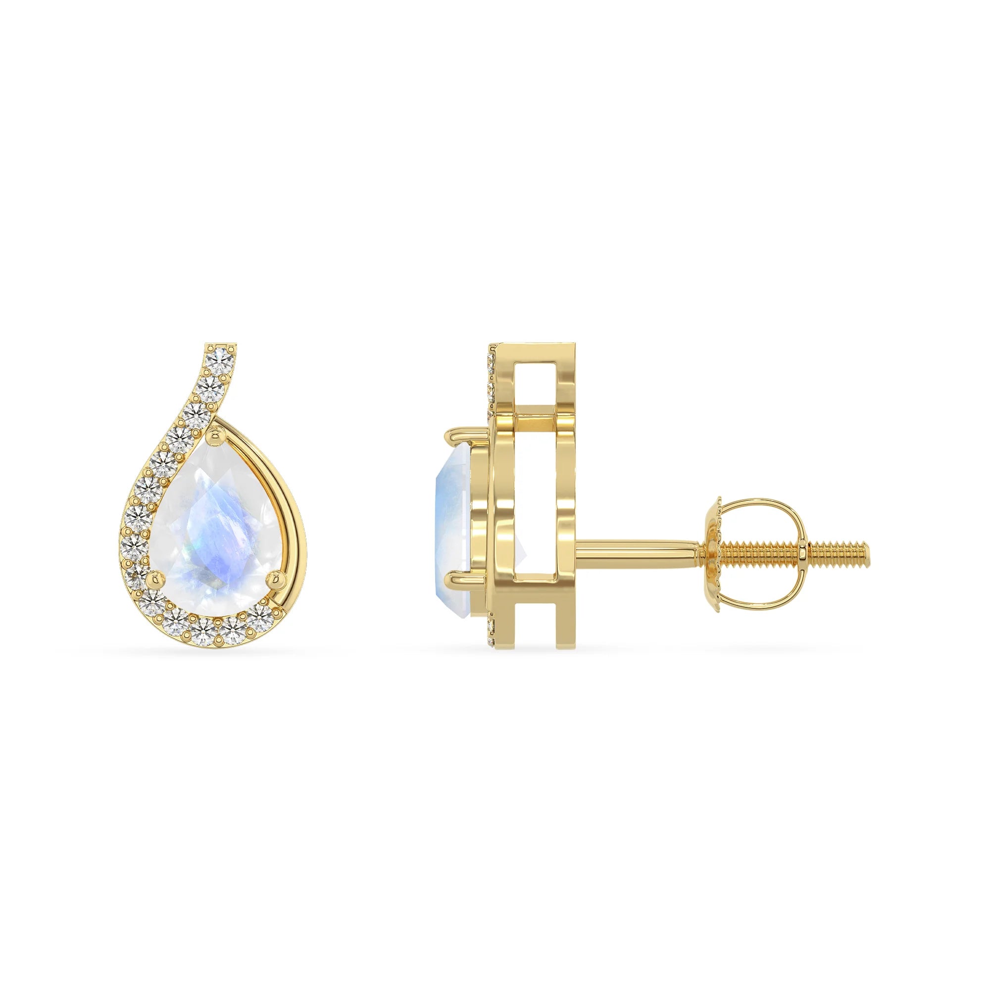 natural rainbow moonstone pear stud earrings in yellow gold