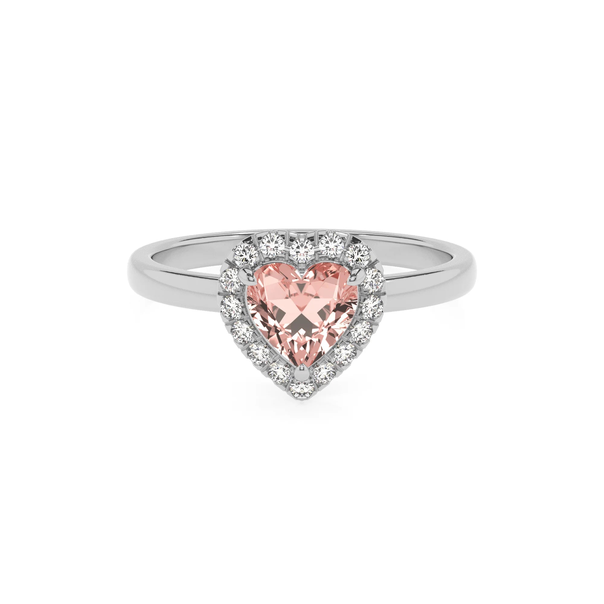 lab grown morganite heart solitaire rings in white gold