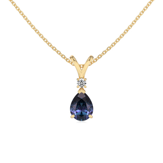 lab grown alexandrite pear solitaire v-bale necklaces in yellow gold