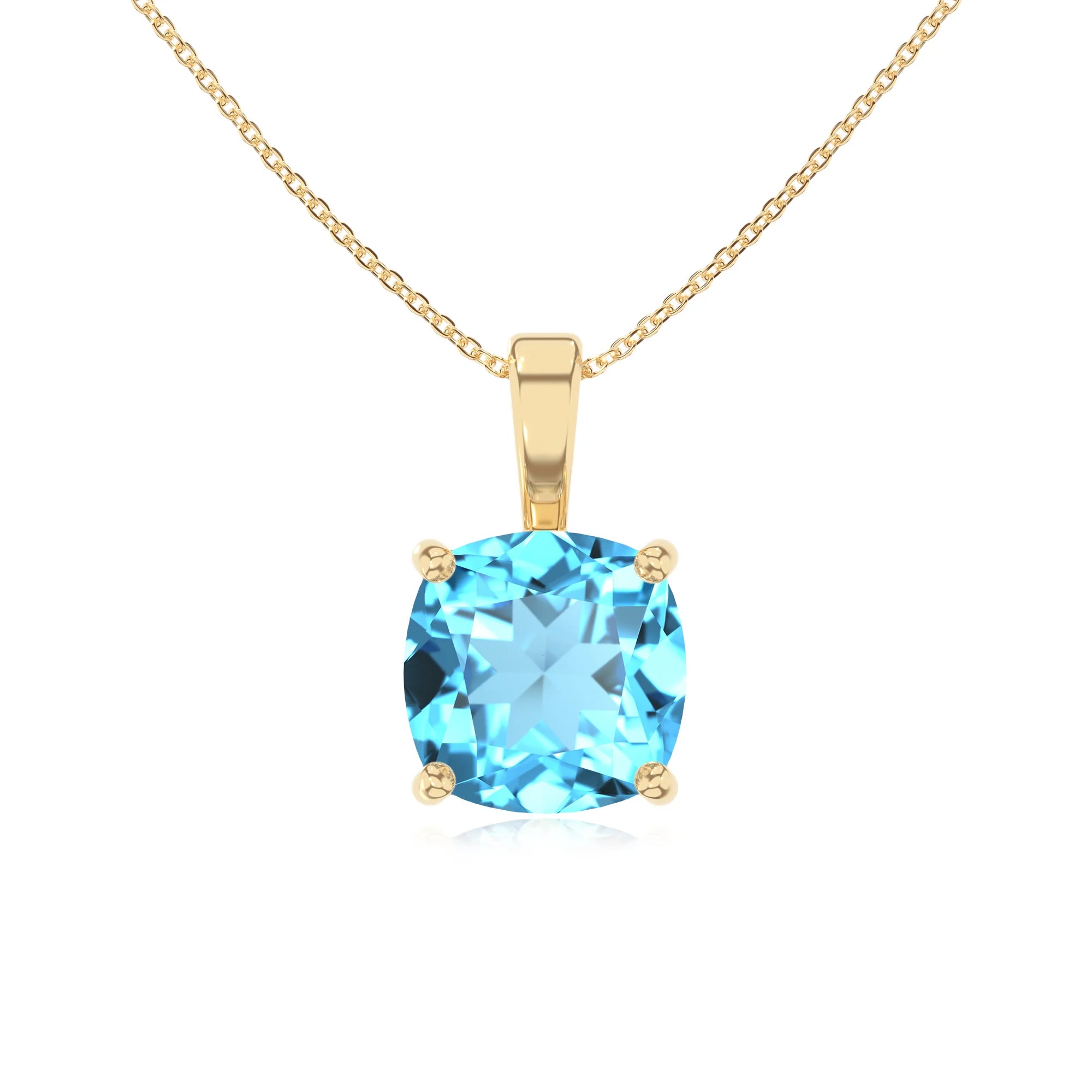 natural swiss-blue-topaz cushion solitaire necklaces in yellow gold