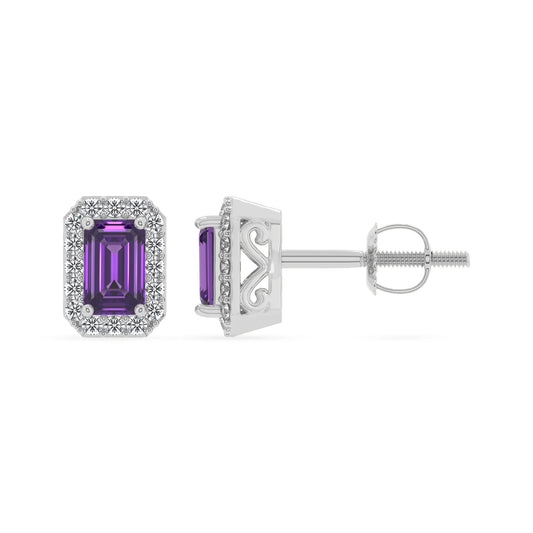 lab grown amethyst emerald cut stud earrings in sterling silver