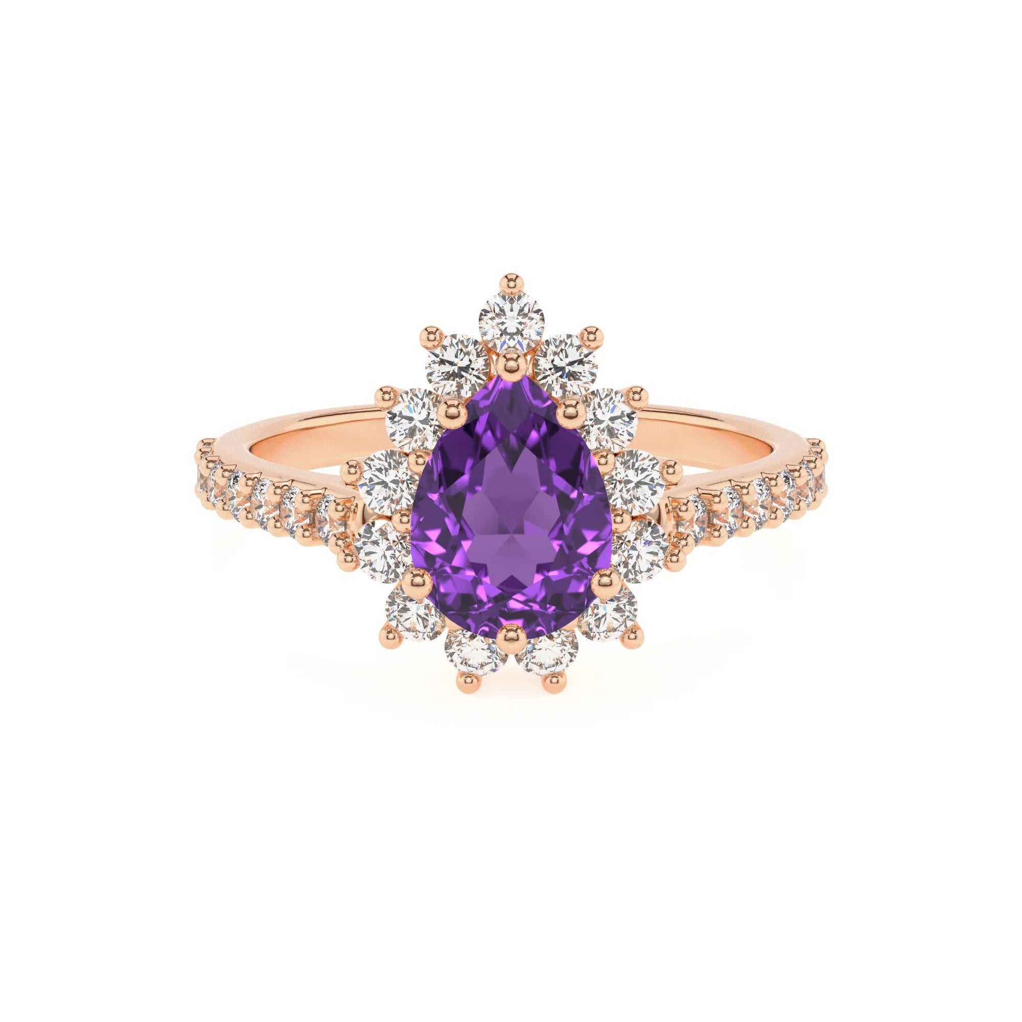 lab grown amethyst pear solitaire rings in rose gold