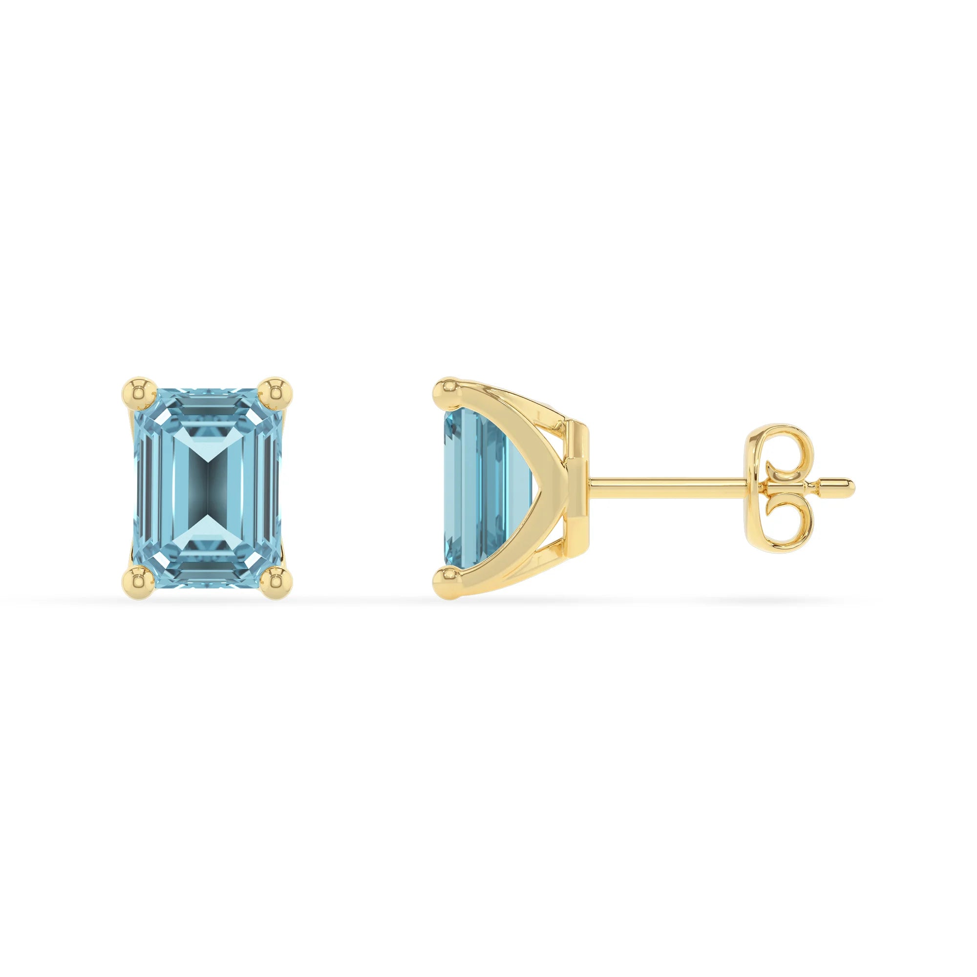 lab grown aquamarine emerald cut stud earrings in yellow gold