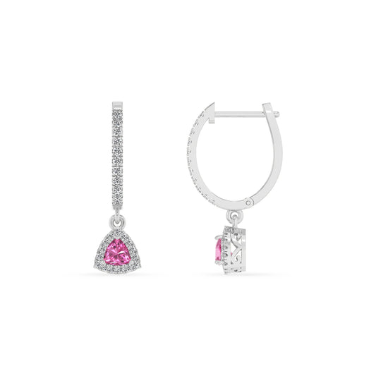 lab grown pink sapphire trillion drop earrings in sterling silver