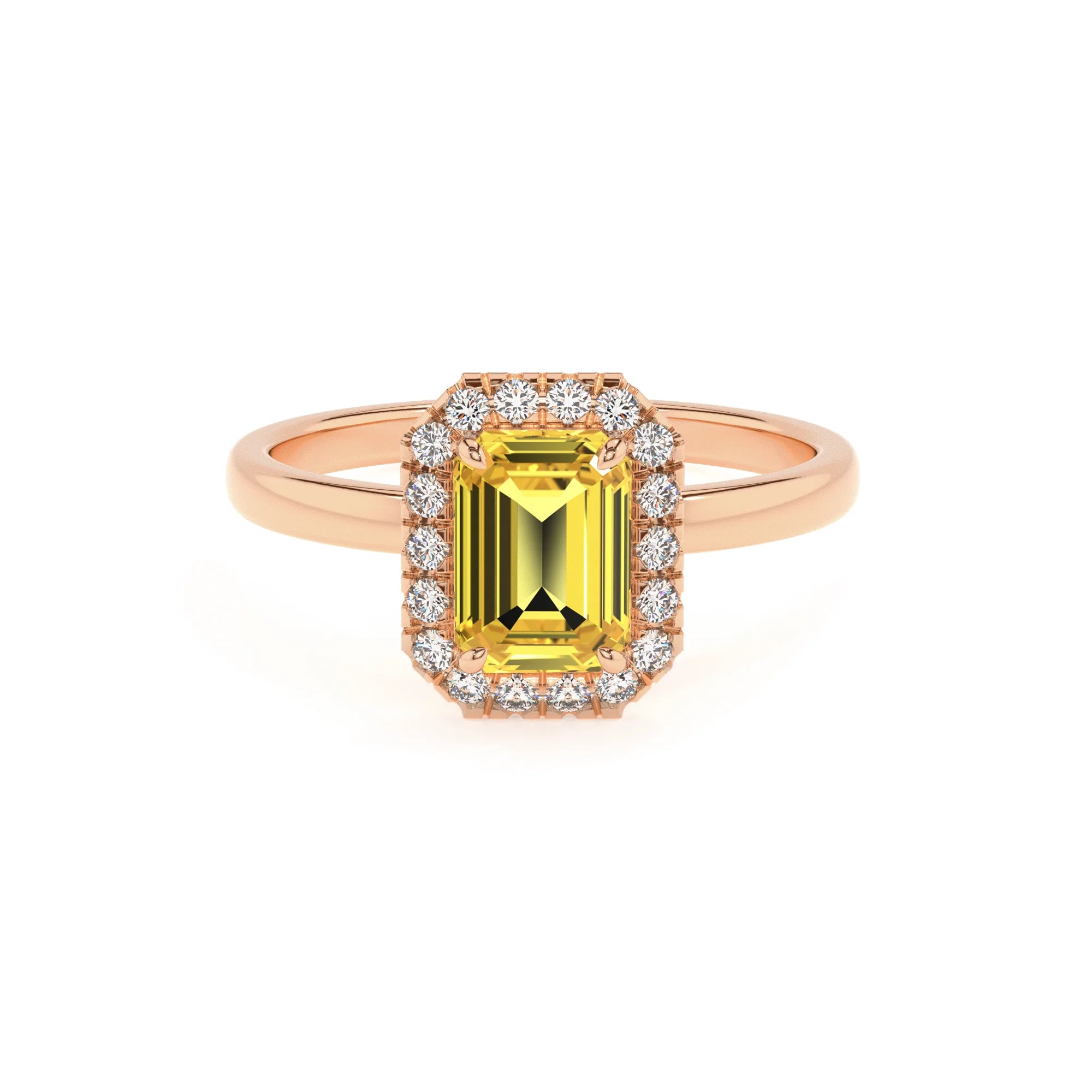 lab grown yellow-sapphire emerald cut solitaire rings in rose gold