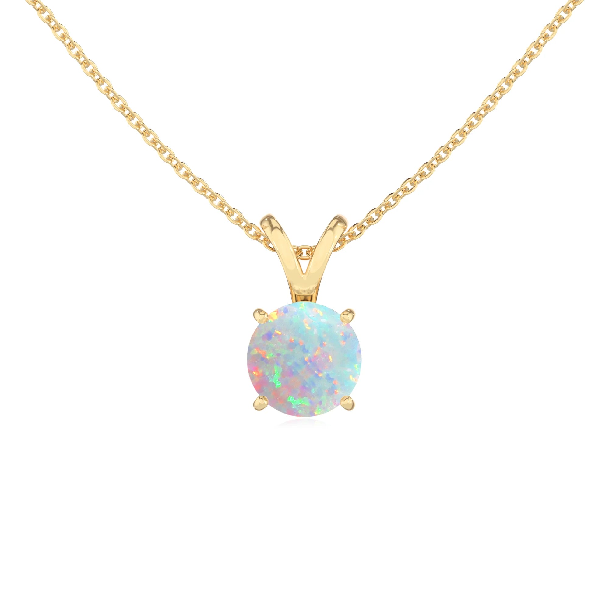 lab grown opal round solitaire v-bale necklaces in yellow gold
