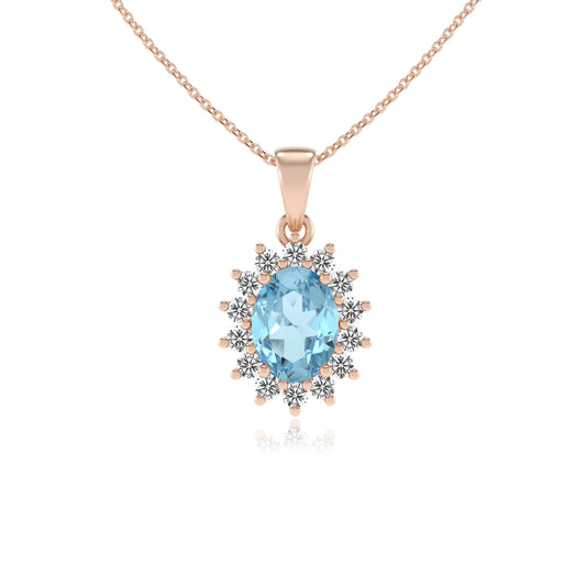 lab grown aquamarine oval halo necklaces in rose gold