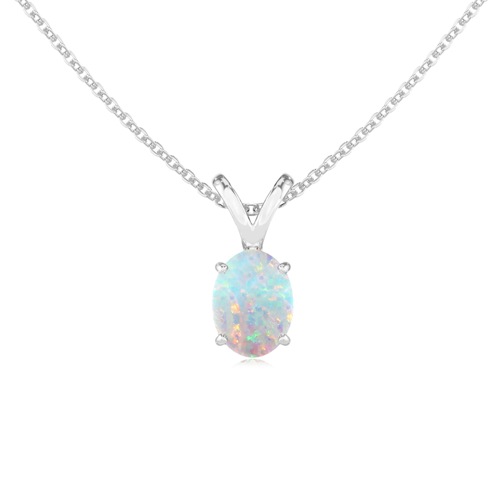 lab grown opal oval solitaire v-bale necklaces in sterling silver