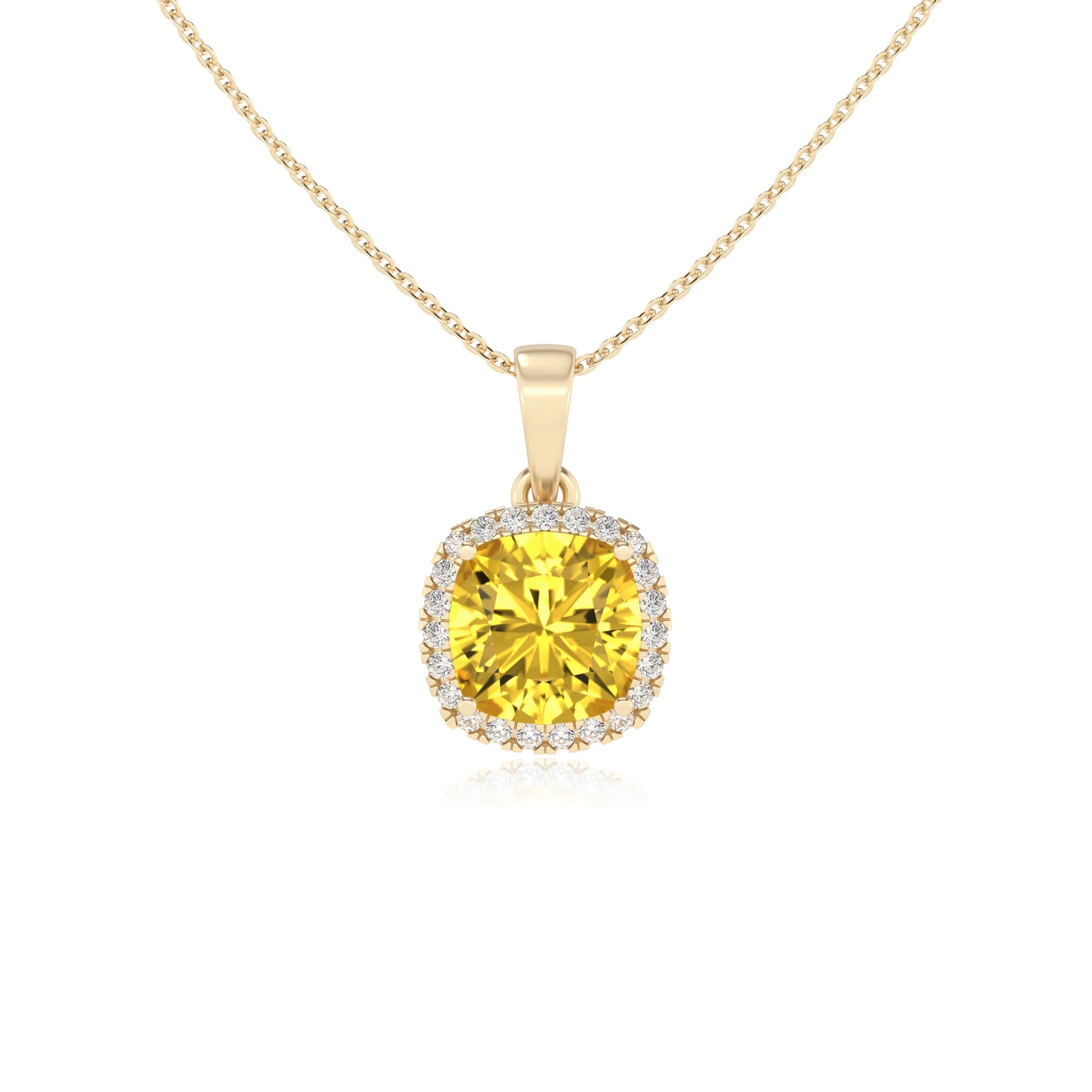 lab grown yellow-sapphire cushion solitaire necklaces in yellow gold
