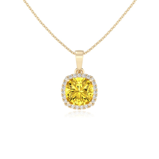 lab grown yellow-sapphire cushion solitaire necklaces in yellow gold
