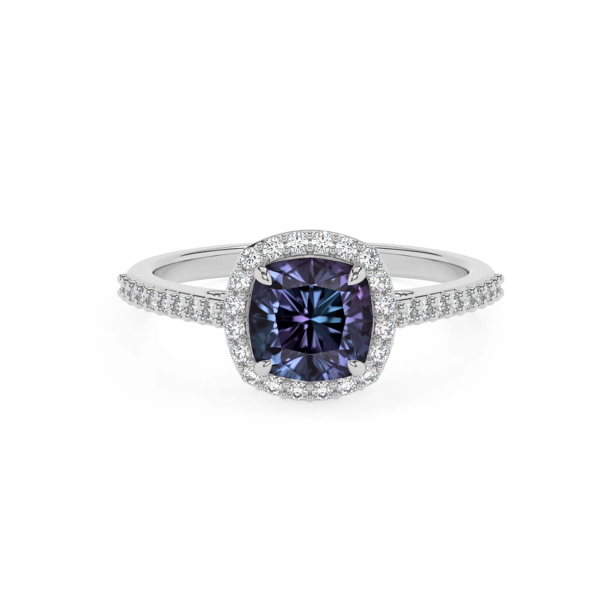 lab grown alexandrite cushion solitaire rings in white gold