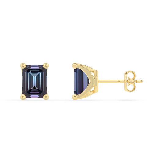 lab grown alexandrite emerald cut stud earrings in yellow gold