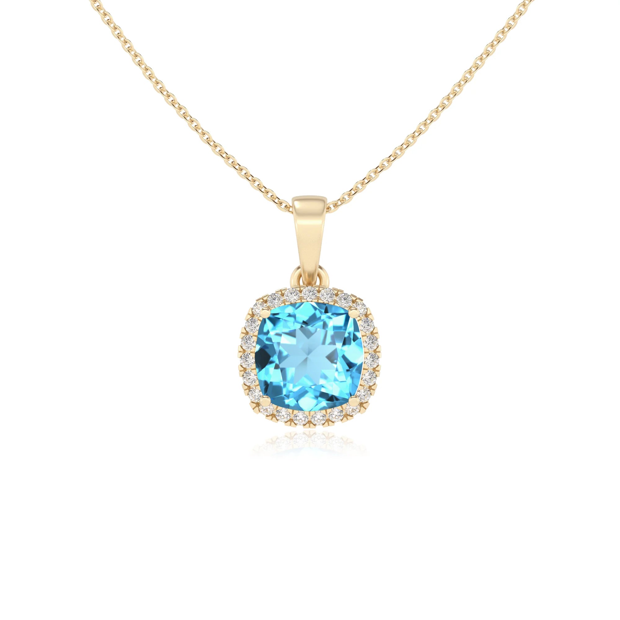 natural swiss-blue-topaz cushion solitaire necklaces in yellow gold