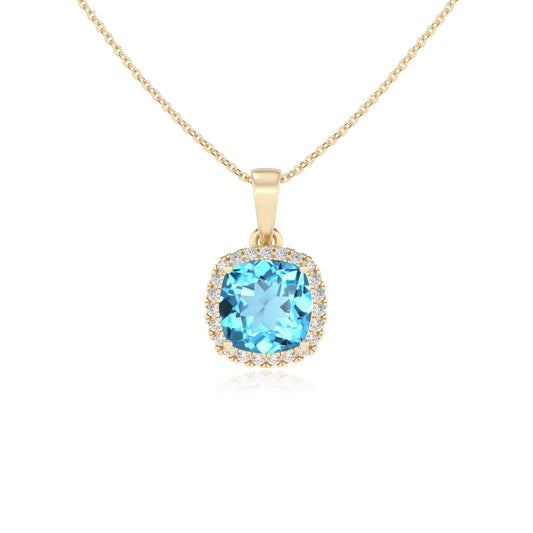 natural swiss-blue-topaz cushion solitaire necklaces in yellow gold